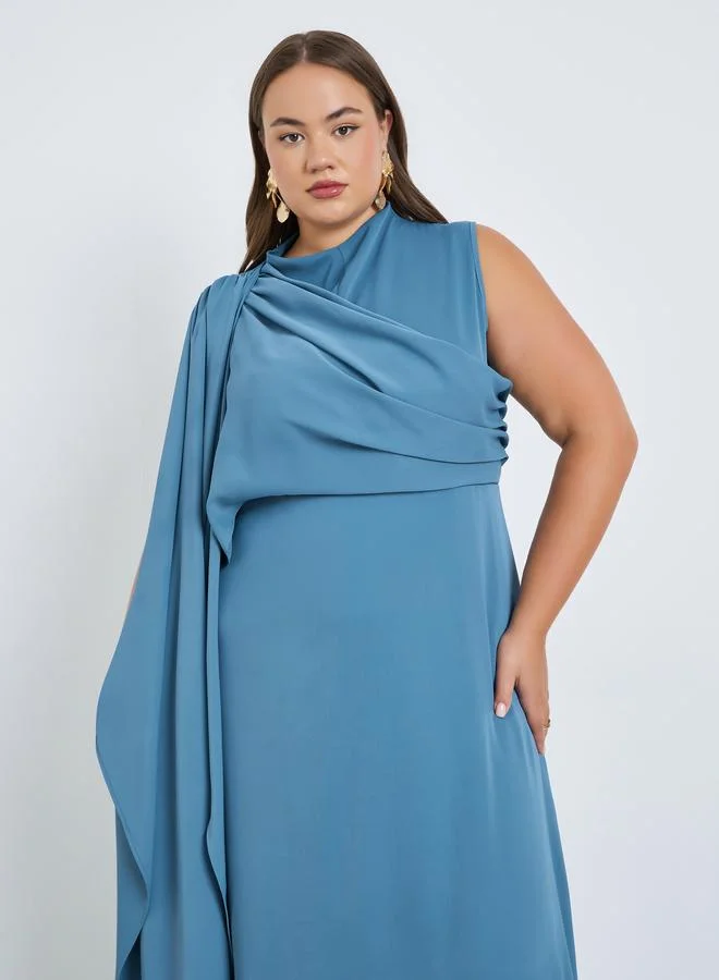 Styli Plus Size Blue Pleated A-Line Maxi Dress